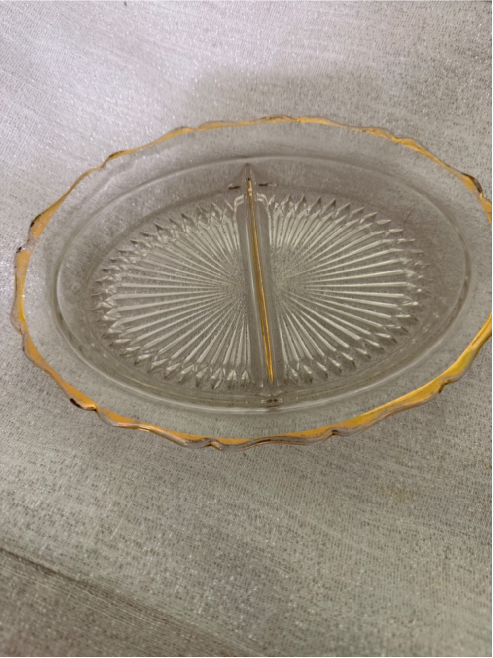 Jeannette Glass Relish Dish Divided Oval Gold Trim Starburst‎ Vintage